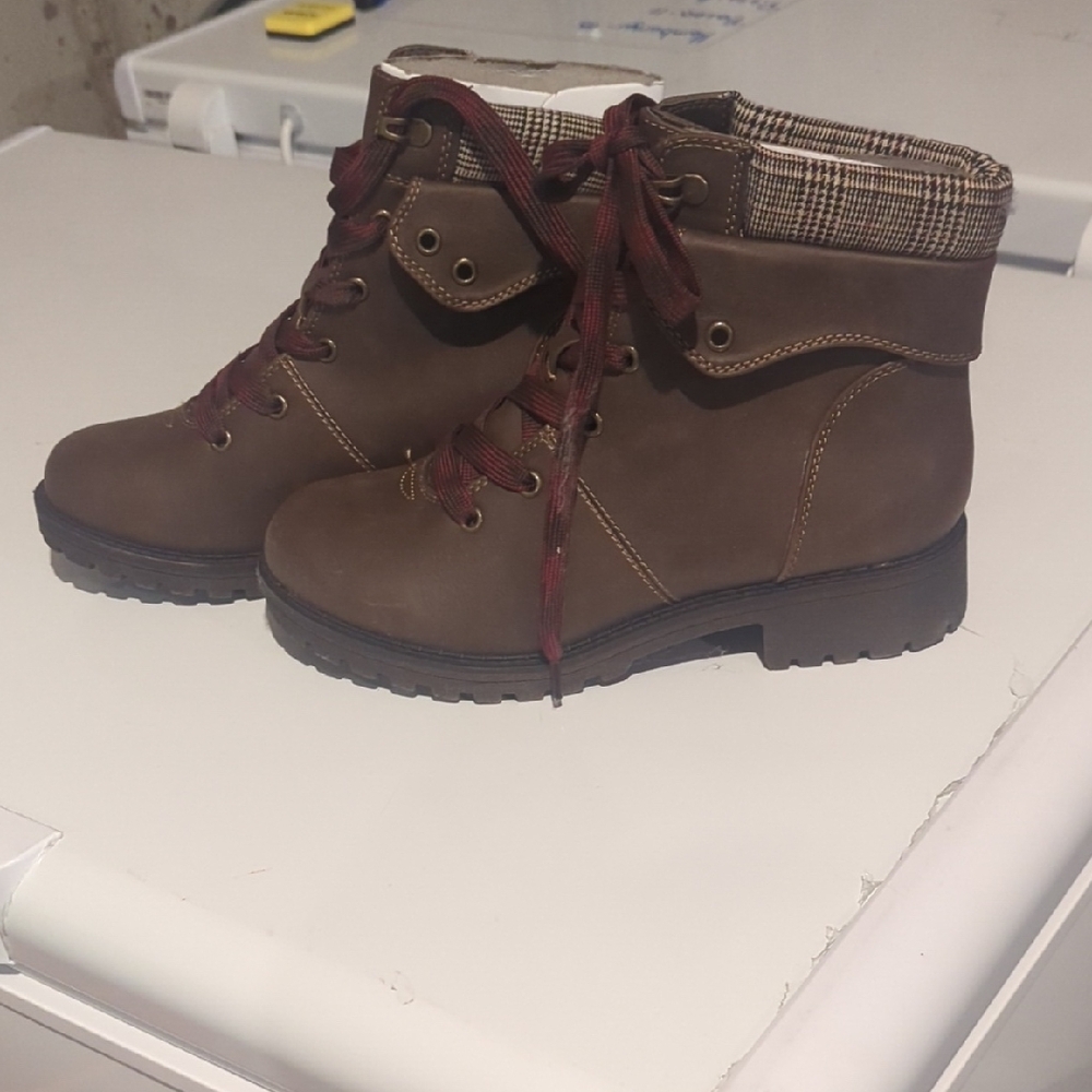 Women's Brown Lace-Up Ankle Booties with Plaid Cuff